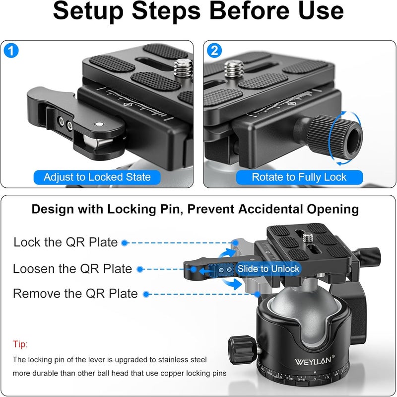 WEYLLAN EH46L Lever Ball Head with Stainless Steel Lock Pin, 46mm Low Profile Heavy Duty Tripod Ball Head Mount with Arca Swiss Quick Release Plate for Tripod Monopod DSLR Camera Camcorder Telescope - Image 4